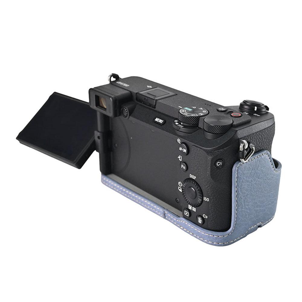 Půl pouzdro na fotoaparát z PU kůže s texturou liči pro Sony A6700 A6400 A6300 A6100 A6000 ZVE10 ZVE10II ZVE10M2 Spodní otevírací kryt s popruhem