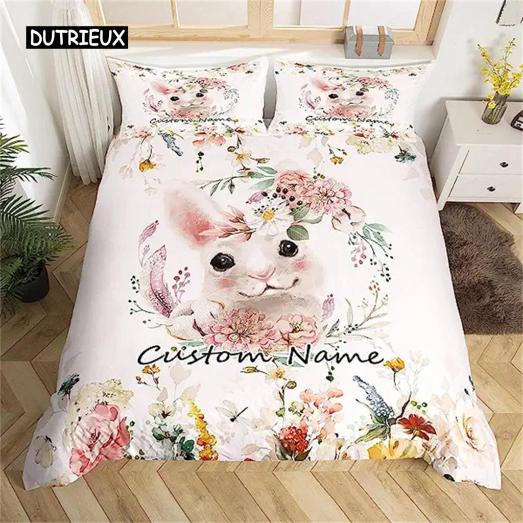 Easter Rabbit Duvet Cover Easter Bedding Set Floral Cute Rabbit Pet Queen Size Kawaii Presents Easter Day Gifts for Toddlers