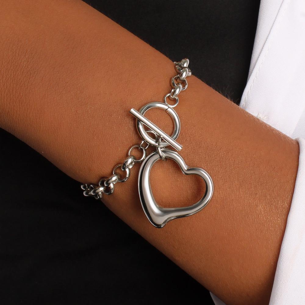 Unisex Stainless Steel Heart Pendant Necklace & Bracelet Set - Minimalist Hip Hop Trend