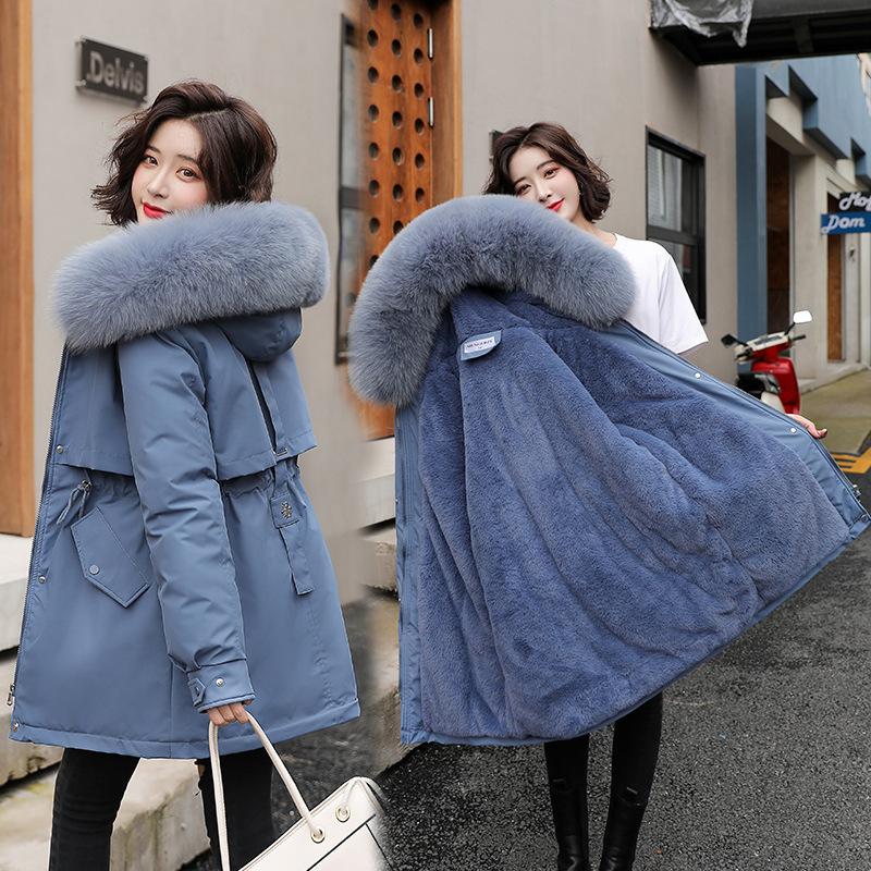 Parka de moda para mujer, chaqueta de invierno ajustada con cuello de piel, ropa cálida para la nieve, ropa acolchada, abrigo largo, forro de lana, parkas con capucha