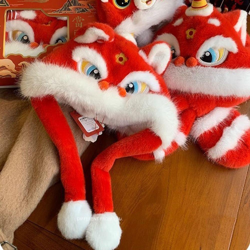 Thickened New Year Red Cap Ears Can Move Plush Beanies Fashion Lion Dance Hat  Outdoor