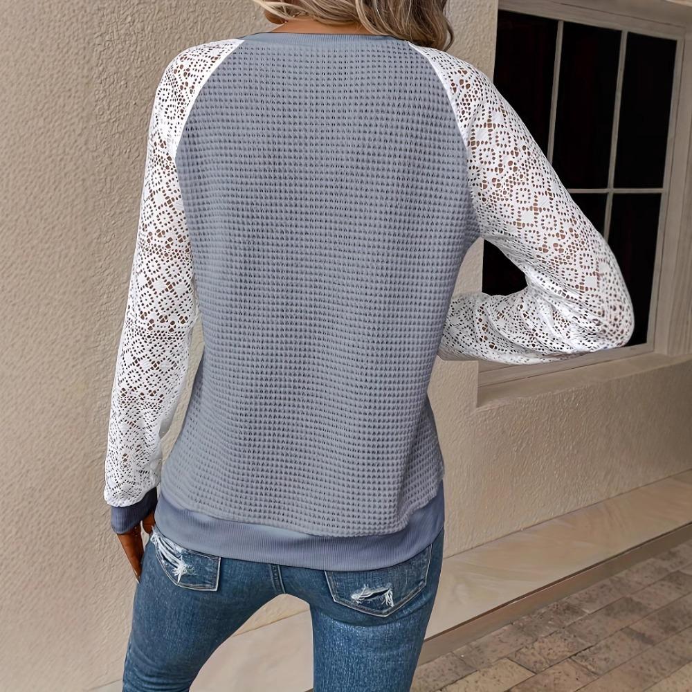Women Solid Color Lace Long Sleeve Hollow Out Crew Neck Casual T-shirt Blouse Tops