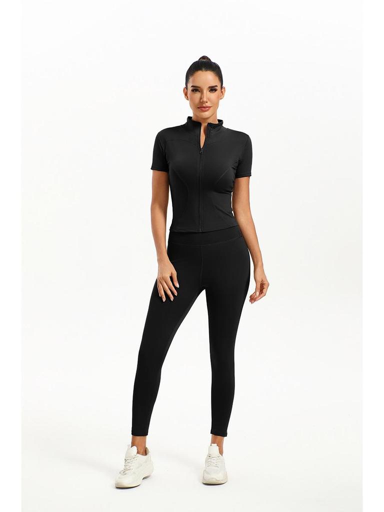 European & American Solid Color Yoga Two-Piece Set: Short Sleeve Top & Nine-Point Pants
