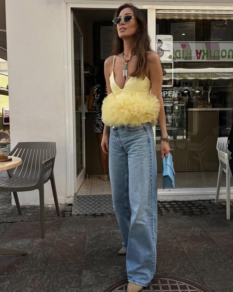 2025 Sommer Europäisches & Amerikanisches Seidennetz Spaghetti-Träger Tanktop – Damen Puffsaum Kurzes Top