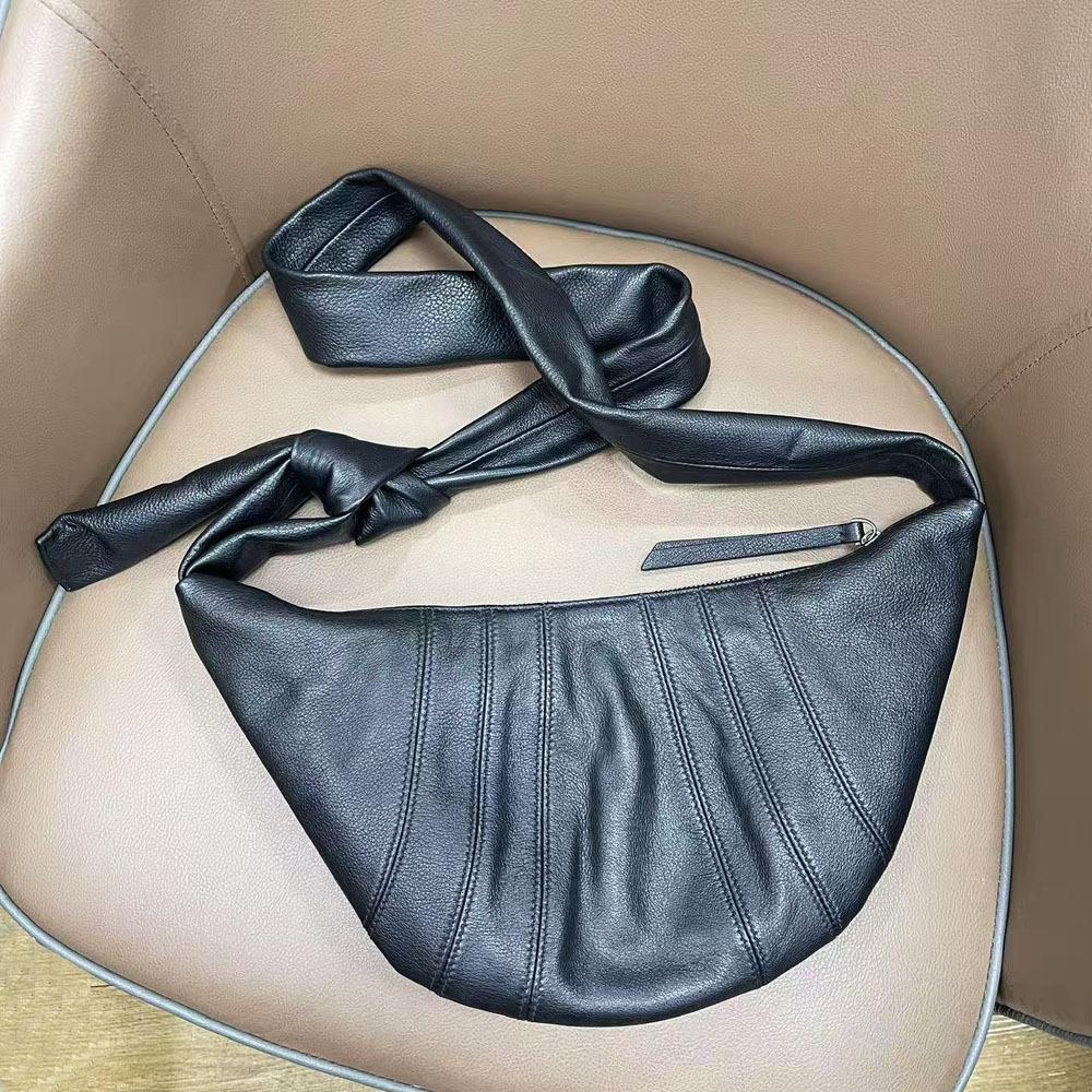 Wind Lady Shoulder Messenger Bag Leather Croissant Bag Black Leather Dumpling Bag Crescent Casual Women'S Bag
