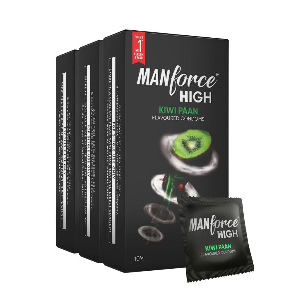 Manforce High Kiwi Paan Flavoured Condoms for Men| 10 Count| Ultra Thin| Lubricated Latex Condoms For Her Enhanced Pleasure X Pack of 3