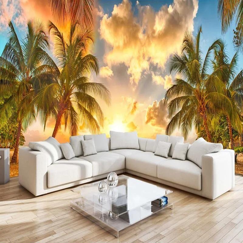 3d Nature Scenery Wallpaper For Walls Sunset Sea Coconut Beach Mural Living Room Sofa Bedroom Wall Papers