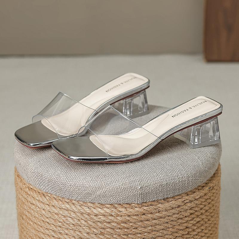 Fashion Elegant Ladies Transprent Slippers Open Toe Clear Heel Summer Pumps Women Silver Leather Outdoor Slides PVC Band Sandalias Mujer