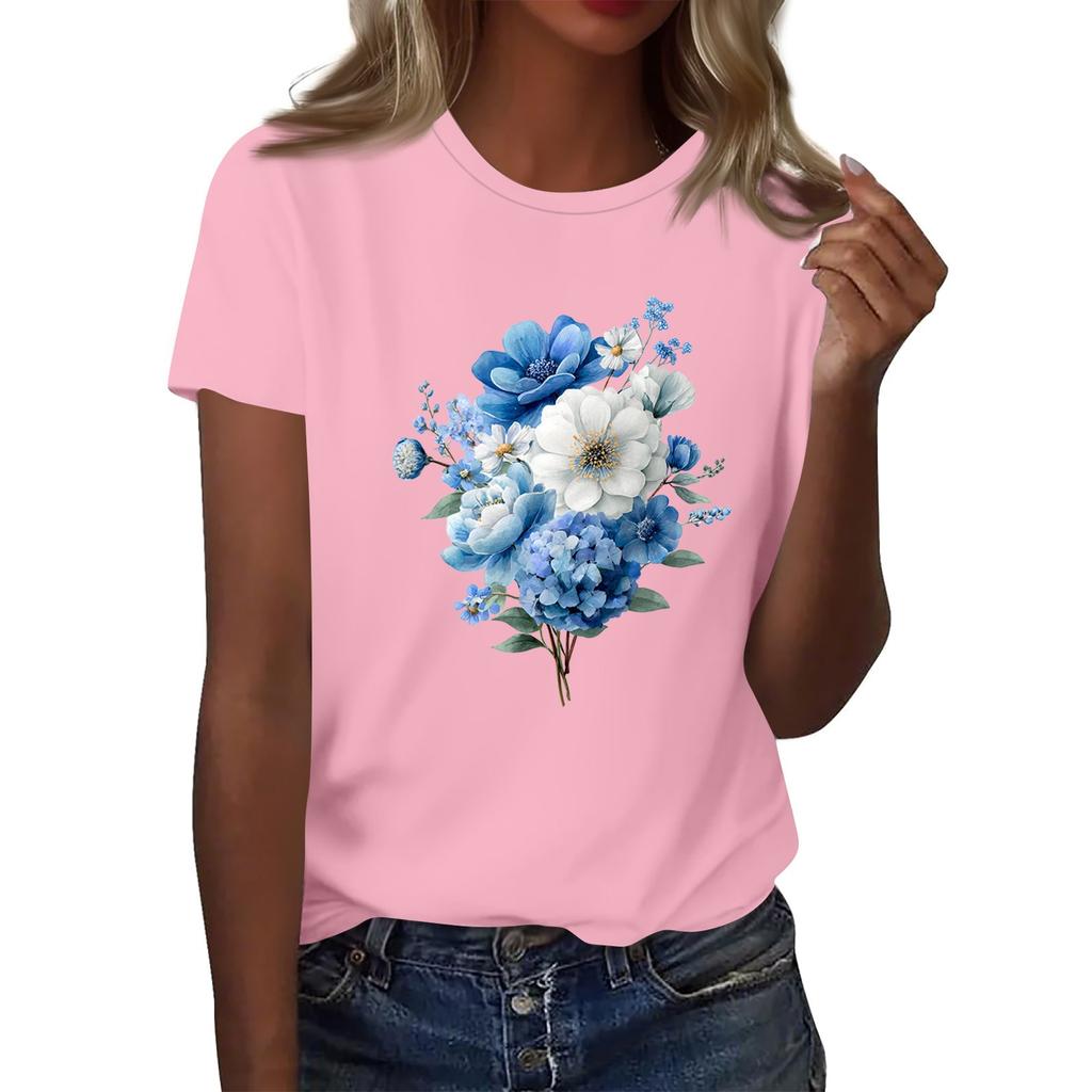Women's Fashion Casual Printed Round Neck Short Sleeved T-Shirt Top T-Shirt Top Top