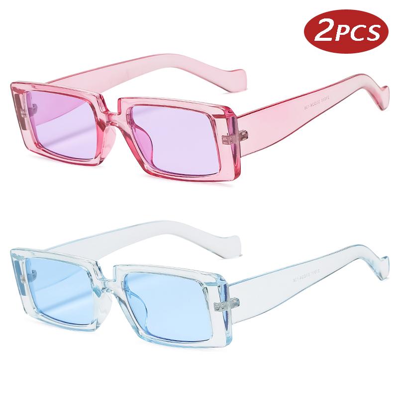 2pcs Sets Trendy Rectangle Sunglasses Small Frame Square Sunglasses Outdoor Sports Travel Vintage Gradient Eyeglasses UV400