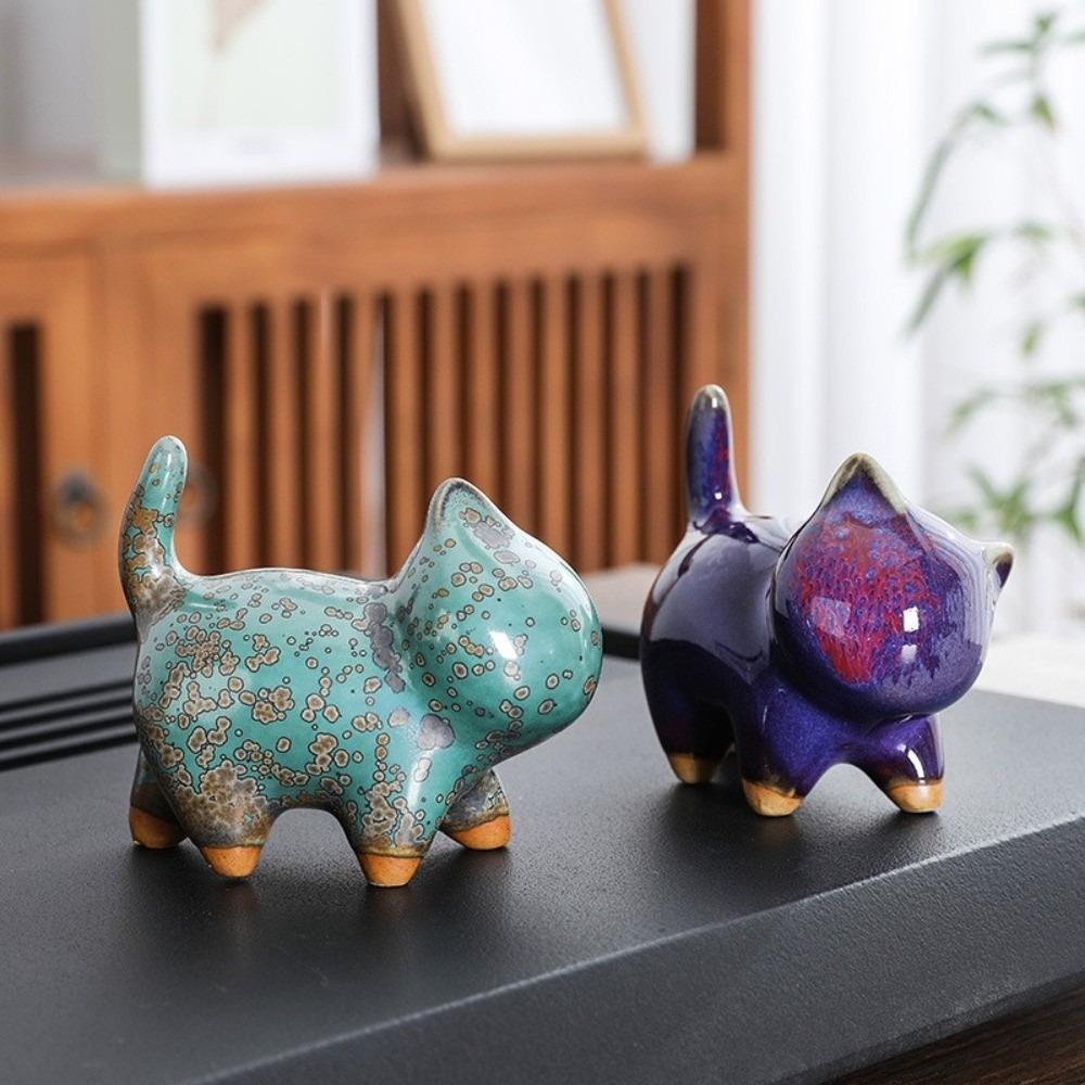1/4pcs Cat Tea Pet Ceramic Ornament Craft Desktop Decoration Jun Porcelain Cat Tea Pet Chinese Style Lazy Cat Car Ornament