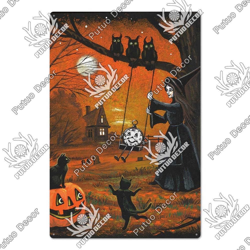 Putuo Decor Halloween Schwarze Katze Vintage Metallschild Plakette Metall Vintage Blechschild für Wohnzimmer Tür Tierhandlung Wanddekoration