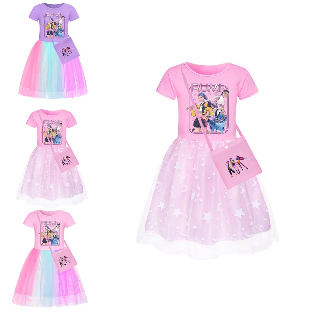 Kpop Demon Hunters Pattern Girl Dress With Cotton Fabric And Pleated Skirt For Kids Girls
