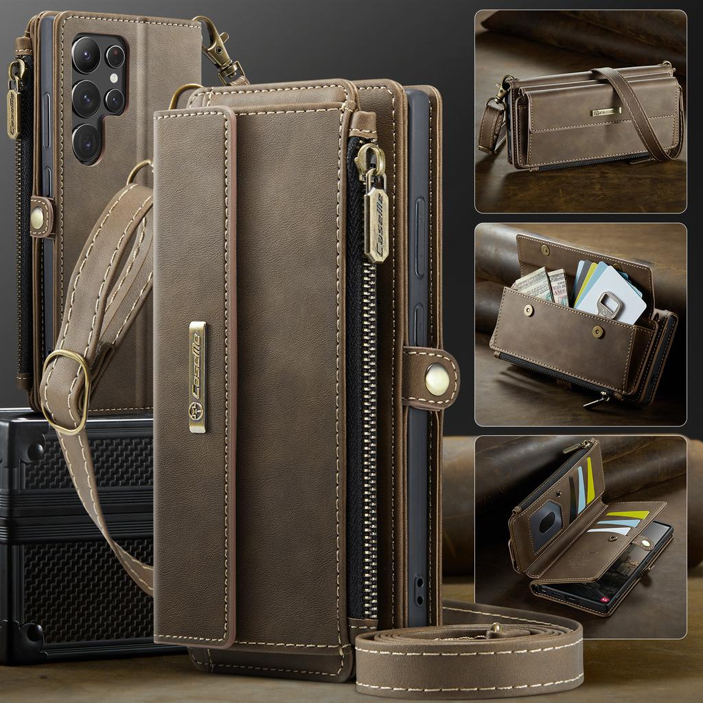 Pro Samsung Galaxy S22 Ultra 5G Pouzdro CASEME C39 Peněženka na zip s RFID blokováním Stojánek Kožený kryt s popruhem
