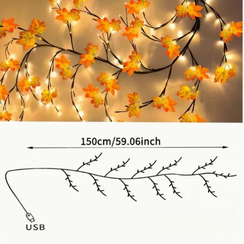 Fall Maple Leaf Vine Lights 48 Warm White USB Bendable Artificial Autumn Garland For Wall Bedroom Thanksgiving Home Decor