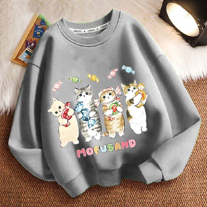 Cute Cat Round-neck Sweatshirt for Children, Fashionable Long-sleeved Casual Sweatshirt for Boys and Girls in Spring and Autumn