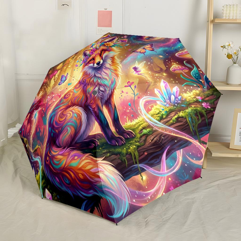 Celestial Fox Lavender Dream Art Automatic Umbrella Folding Umbrella with 8 Ribs Compact Design Travel Essential Fashionable Best for Christmas