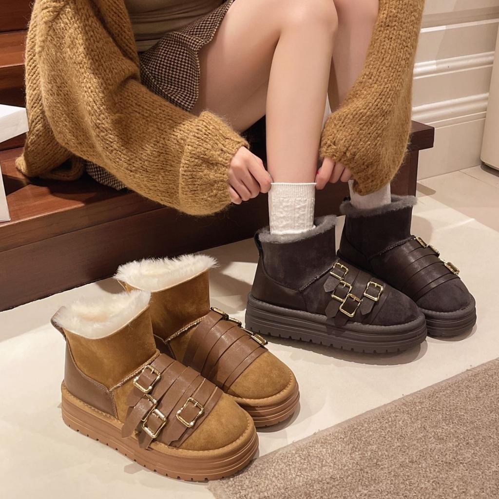 Women's Large Size Belt Buckle Soft Sole Winter Warm Fur Snow Boots Padded Lined Ankle Boots Non-Slip Hiking Casual Sports Cotton Boots