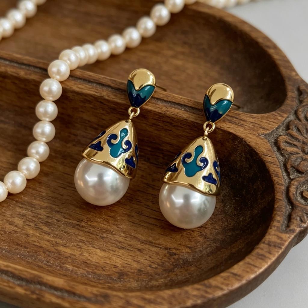 Blue Oil Painting Drip Glaze Ink Painting Palace Style Water Drop Pearl High-end Light Luxury Enamel Women's Earrings