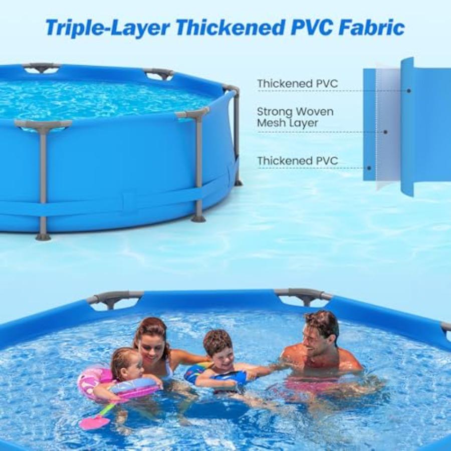 10' Round Above Ground Pool Set with Metal Frame and PVC Fabric Blue 1158 Gal Includes 3 Stoppers and Drainage Valve Connector
