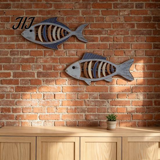 Ocean Theme Wood Art 2Pcs Mediterranean Style Wooden Fish Wall Hanging, Hollow Skeleton Summer Beach Party Decor Decor, Vintage Nautical Ornament for