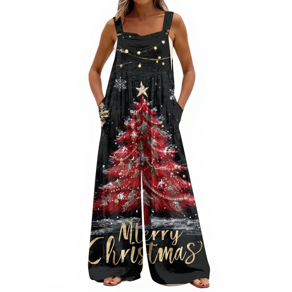 Women's Christmas Print Solid Wide Leg Strapless Tank Pocket Casual Onesie