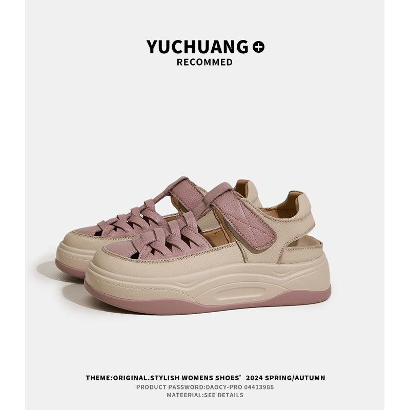 The first layer of cowhide thick-soled breathable sandals women's new hollow color matching summer women's sandals