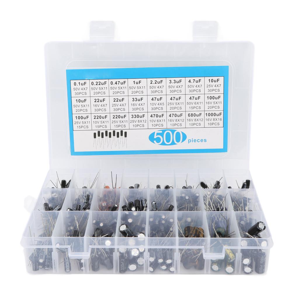 500Pcs Electrolytic Capacitor 0.1uF‑1000uF 16V‑50V 24 Values Aluminium Capacitor Assortment