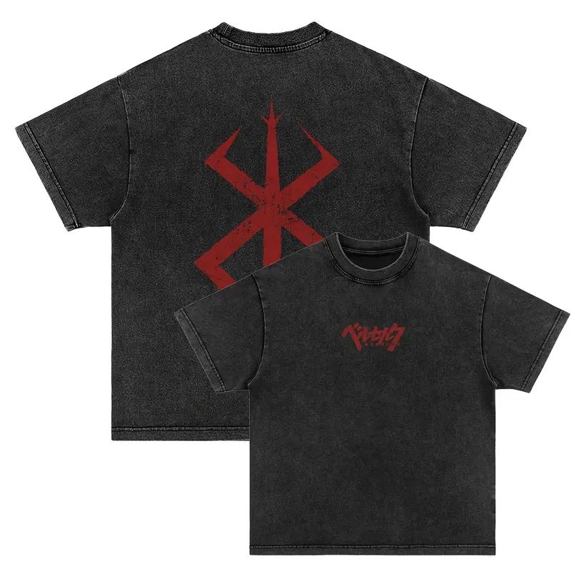 Anime Berserk Guts Logo Graphic T Shirt Men Short Sleeve Clothing Casual Cotton Tshirt Vintage Washed T-shirt Harajuku Male Tops