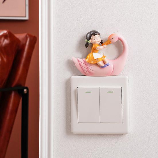 Decorative Wall Switch Decal 3D Resin Stickers, Fairy Tale Girl on Swan Decor, Sticker Peel & Stick Light for Kids Bedroom Nursery Home Decor