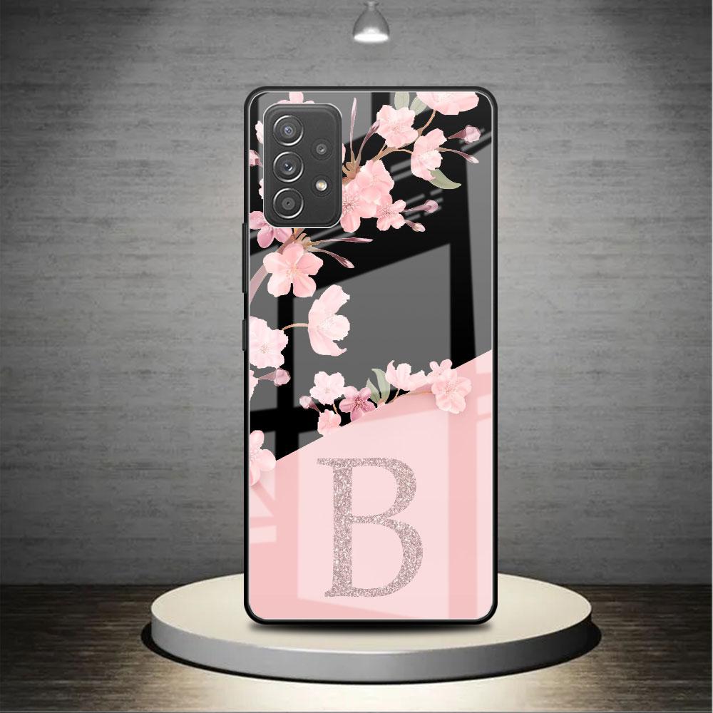 Glass Case For Samsung Galaxy A52 A71 A50 A51 A70 A21s A31 A72 A10 A12 A30 A22 5G Phone Cover Cherry Blossom Flower Initial
