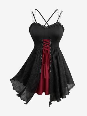 Rosegal Plus Size Lace-up Ruffles Lace Trim Rivet Chains Crisscross Strapy Plisse Tank Top
