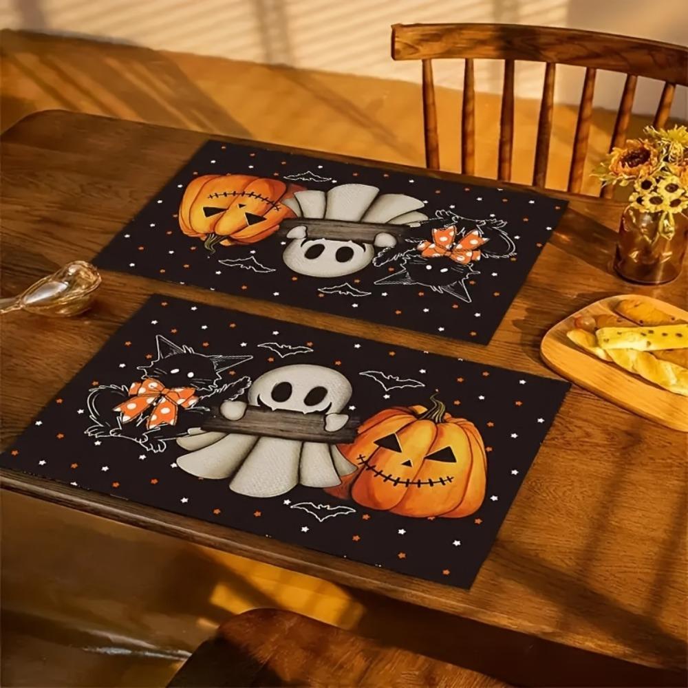 1PC Halloween Placemats Pumpkin Black Cat Bat Pattern Anti Dirty Kitchen Dining Table Cloth Dining Table Decoration Accessories