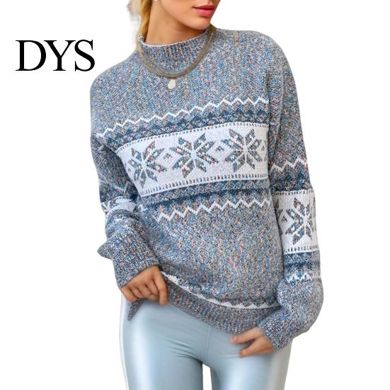 Loose Knitted Pullover Winter Women Christmas Sweater Half-high Collar Color Matching Snowflake Pattern Geometric Print Long Sleeve Knitwear