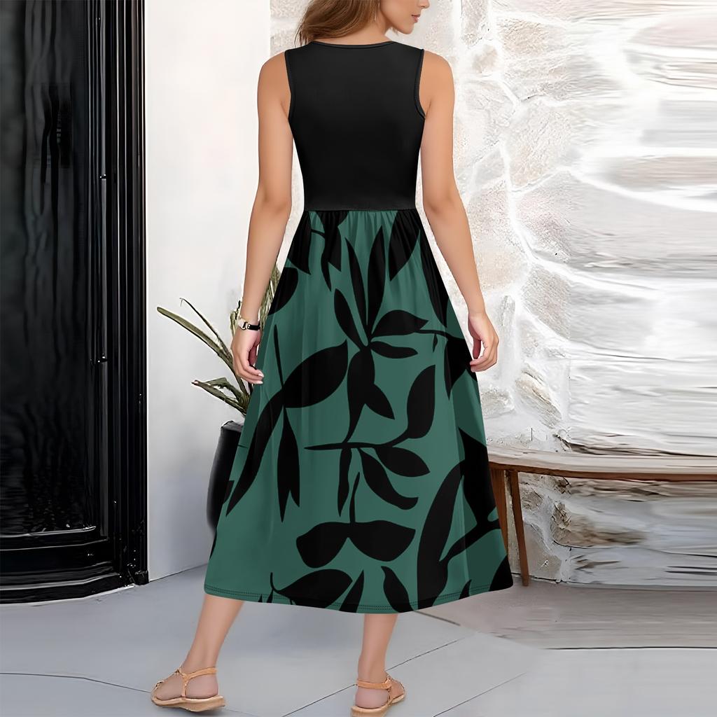 Women's Floral Print High Waist Fashionable And Elegant Sleeveless Dress