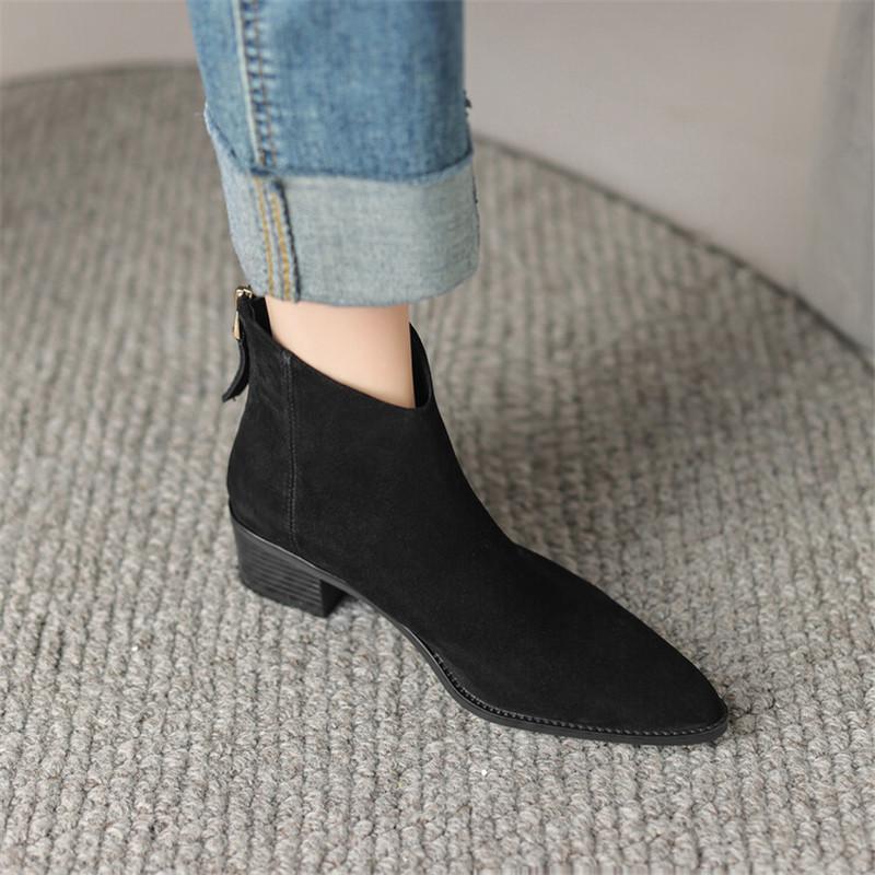 Fashion New Autumn Cow Suede Women Boots Pointed Toe Chunky Heel Boots for Women Winter Boots Women Versatile Ankle Boots Zapatos Mujer