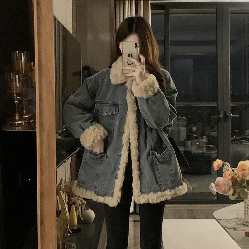 Lamb Wool Denim Jacket for Women In Autumn and Winter Updated Comfortable Fit Velvet Cotton Clothes Small Thickened Cotton Jacket