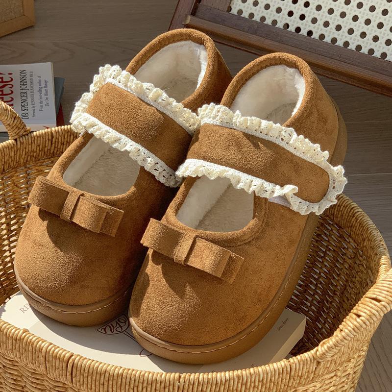 New retro Mary Jane Velcro all-inclusive heel cotton shoes autumn and winter home velvet warm non-slip cotton slippers