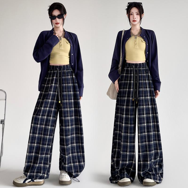 Women's Retro Plaid Wide-Leg Cuffed Pants - Spring 2026 Lazy Style