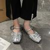 Women's Flat Shoes Spring New Square Head Shallow Mouth Glitter One Word Buckle Soft Sole Anti-slip Wear-resistant Single Shoes