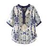 Sommer Neu V-Ausschnitt Mode Kurzarm Bluse Damen High Street Lässig Locker Pullover Vintage Druck Alleskönner Baumwoll-Tops
