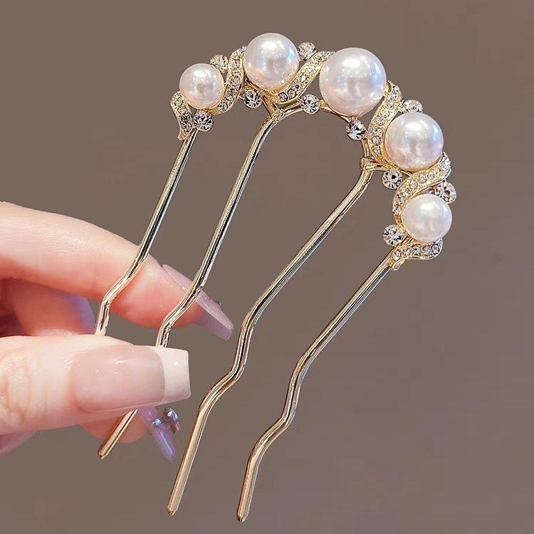 Chinese Ancient Exquisite Pearl Rhinestone Flower U-shaped Hair Comb Women Elegant Temperament Daily Metal Hairpin