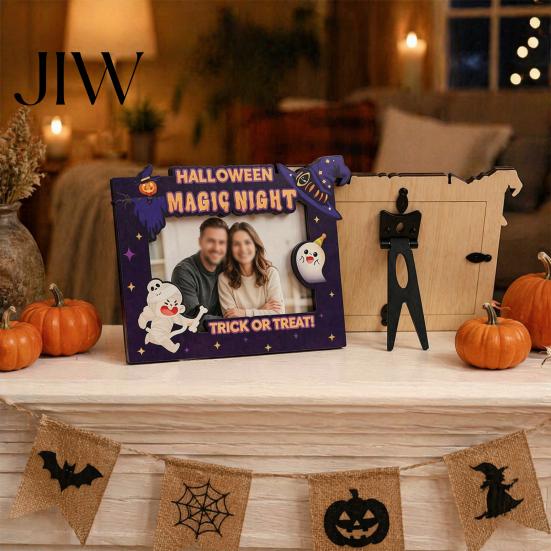 Fall Seasonal Home Accents Halloween Wooden Photo Frame, Double Layer Wood Tabletop Picture Holder, Creative Autumn Housewarming Gifts Display