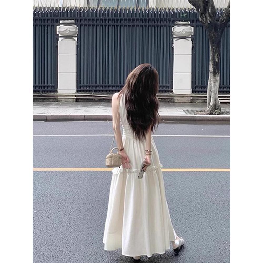 Seaside holiday style white sleeveless neck dress women's summer casual waist and thin temperament dress