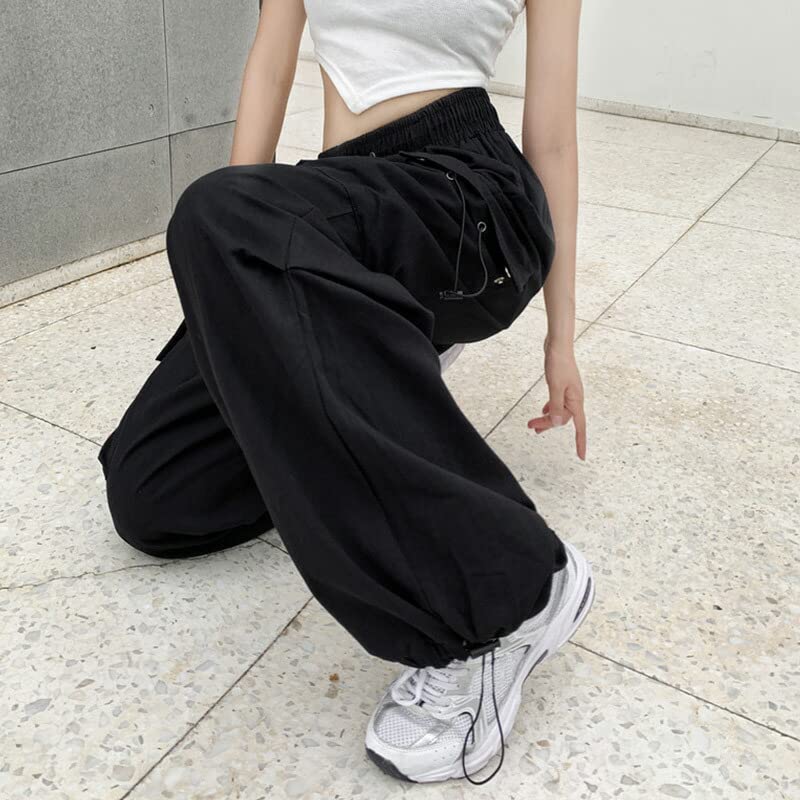 Teddy Cargo Loose Wide Cropped Street Pants510 Women's Pants, Fit, Leg, Lightweight, Length, Style, Spring/Autumn, (M, Black)