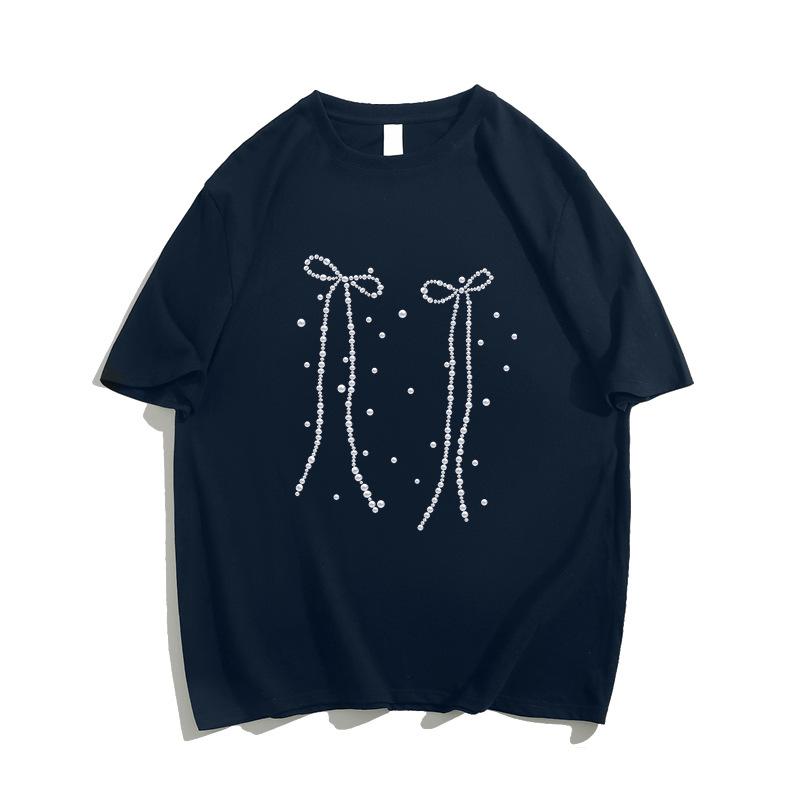 Large size loose cotton short-sleeved t-shirt women's new spring and summer fat mm meat covering and thin black bow trendy