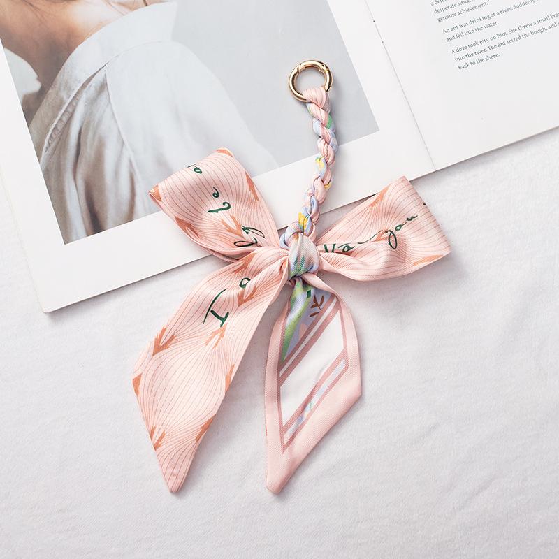 Silk Scarf Keychain with Horseshoe Buckle and Ribbon Bow for Bags and Cars