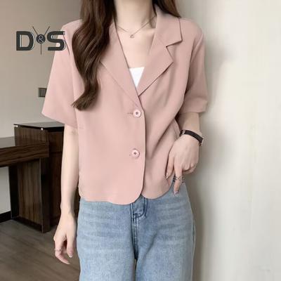 Women Suit Coat Lapel Short Sleeve Loose Fit Suit Jacket with Pockets Solid Color Loose Fit Summer Business Coat