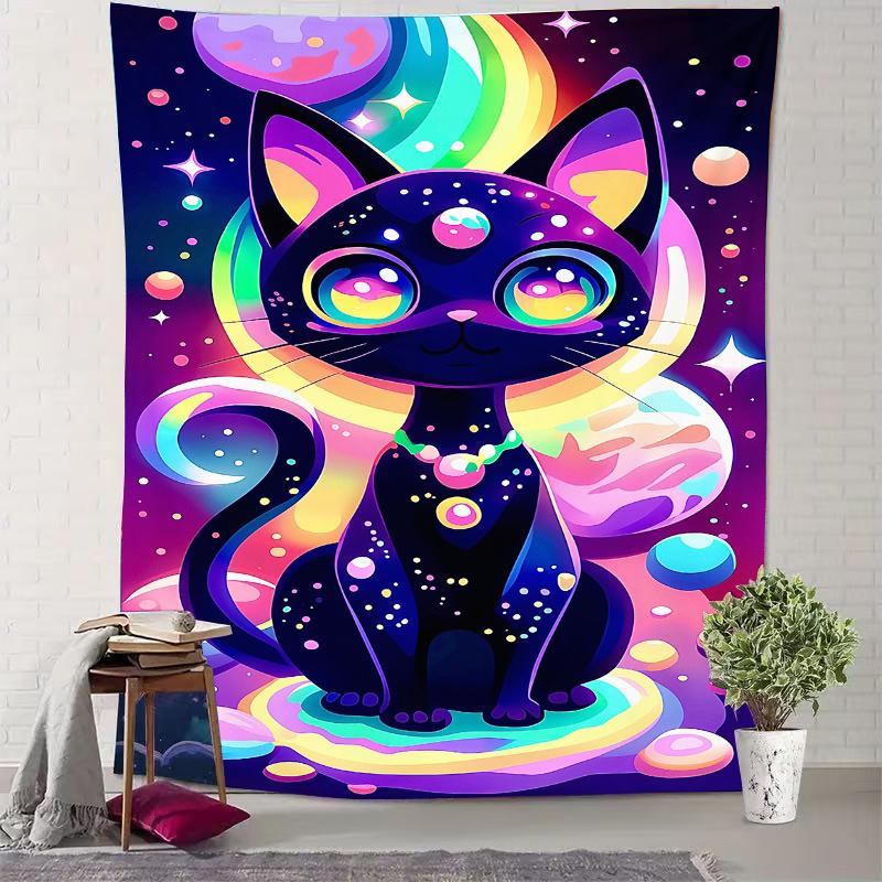 Starlight Spirit Cat Animation Digital Printing Polyester Wall Tapestry Suitable Use In Living Rooms Bedrooms Offices Bars Party