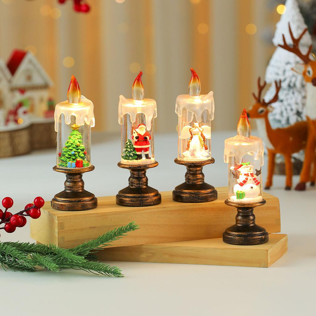Christmas Snowman Santa Claus Snowflake Candle Light With Falling Snow Effect